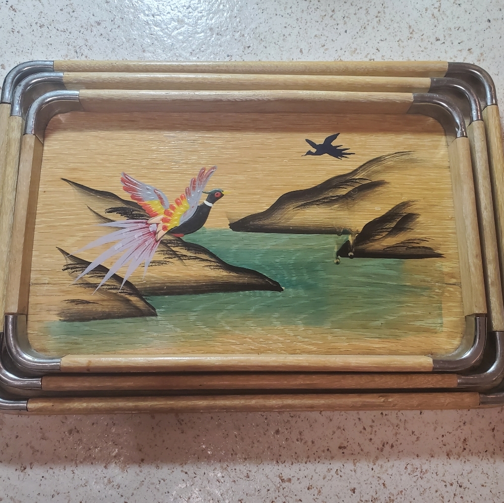 Vintage 3 Piece Wooden Nesting Trays - Pheasant De